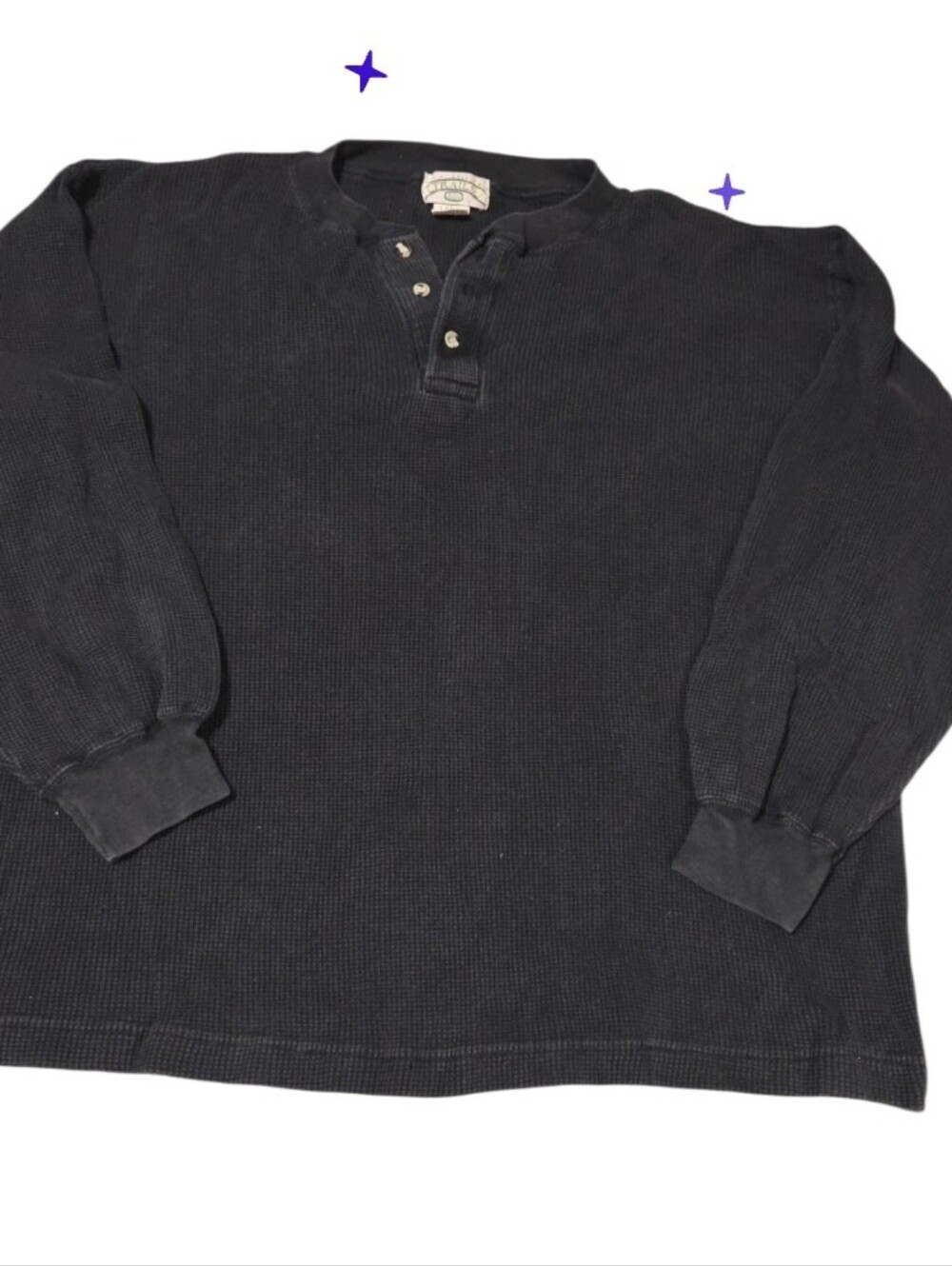 100% Cotton Lg Men's Black Waffle Henley Long-Sleeve Shirt